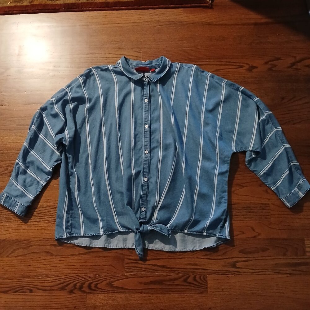 Jennifer Lopez Denim Striped Shirt XXL Chambray LS Buttons Top Tie Bottom - Picture 8 of 10